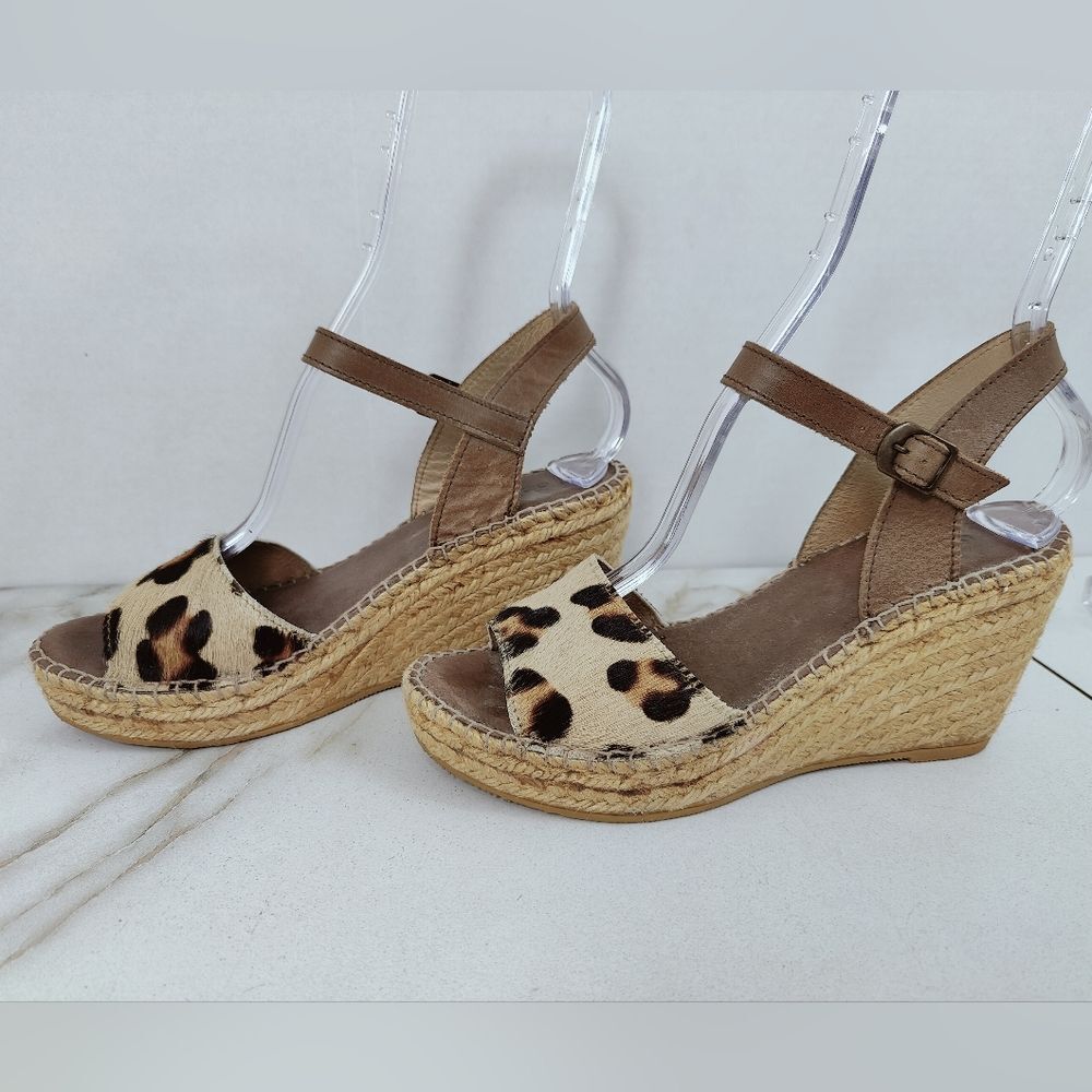 Foxter Spain Cow Hair Leopard Espadrille Platform Wedge Slingback Sandals, 7.5 - Picture 2 of 16